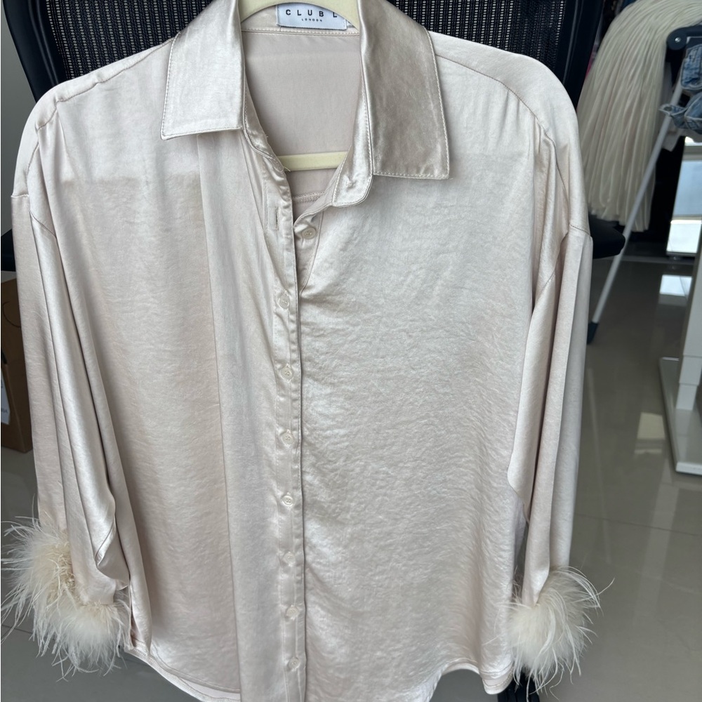 Club L London Cream Satin Blouse with Feather Cuffs